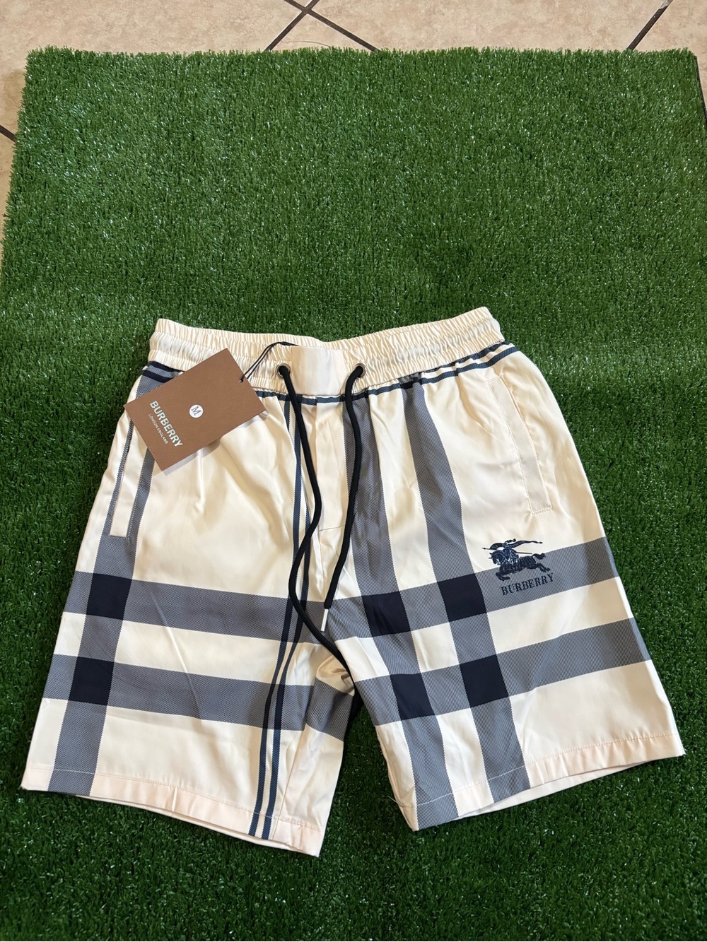Burberry Men’s Cream Check Swim Shorts fits like XS
